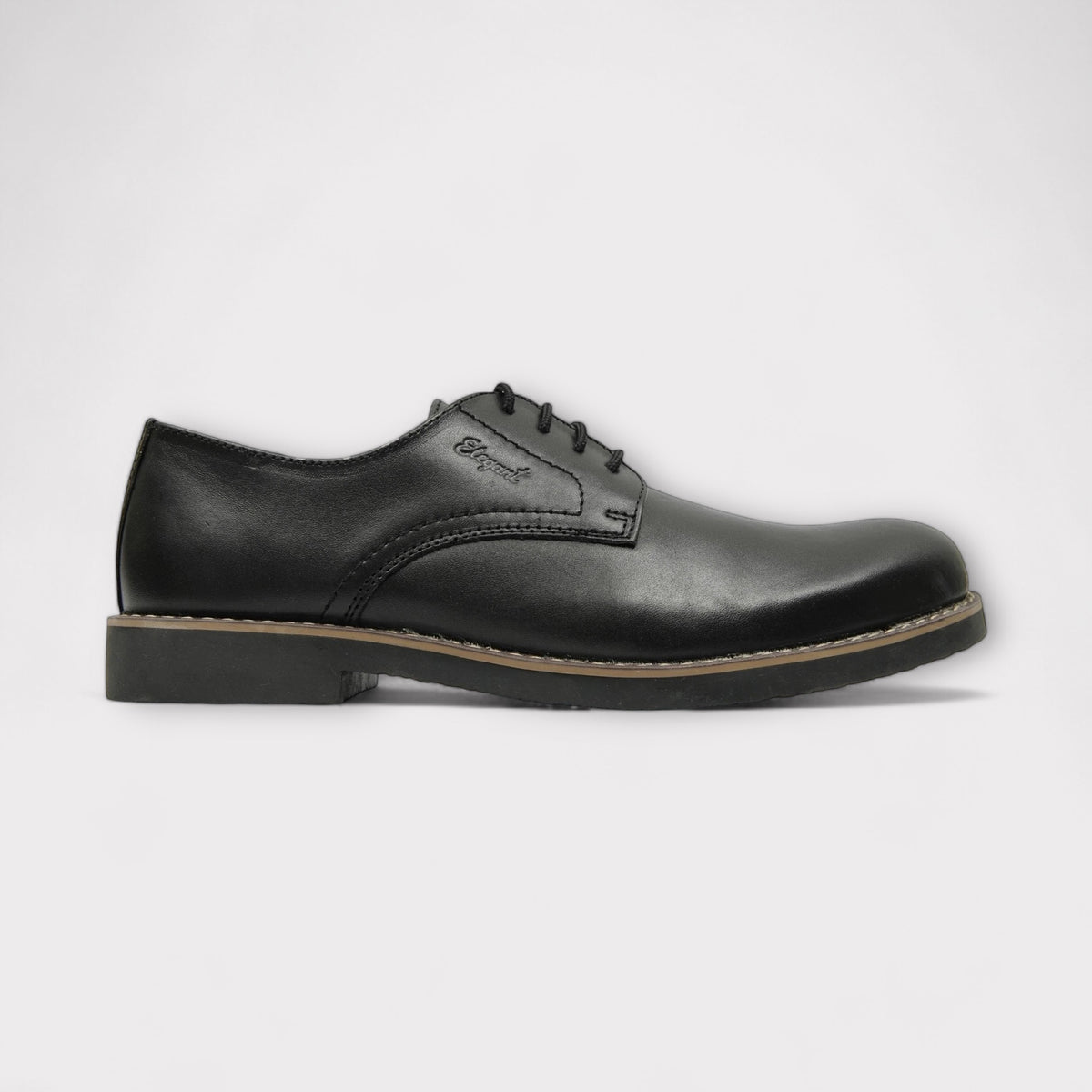 A black leather dress oxford shoe with a polished finish and a rubber sole, featuring a lace-up closure and a small brand logo on the side.