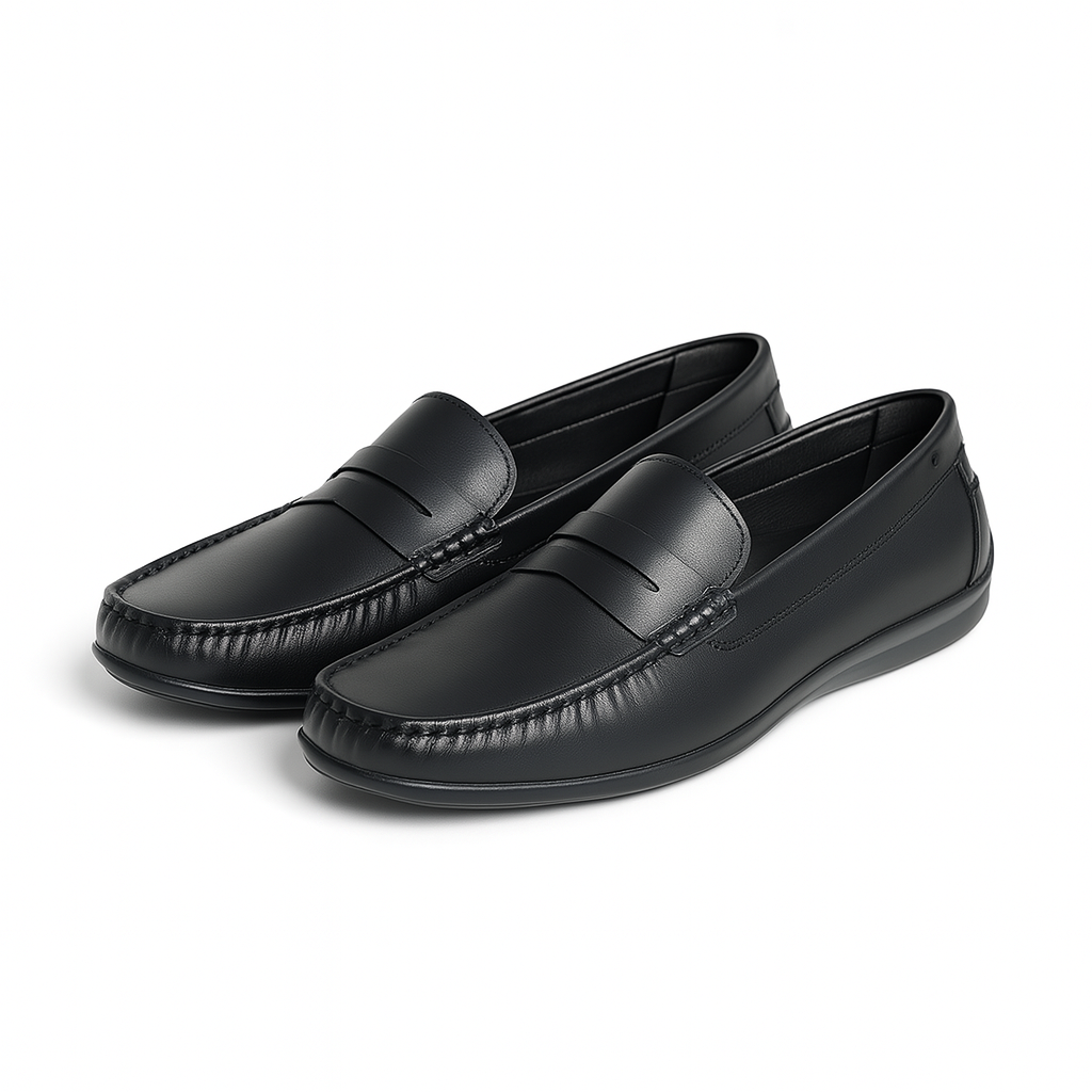 Pair of black loafers on a white background