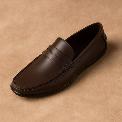Brown leather loafer shoe on a beige background