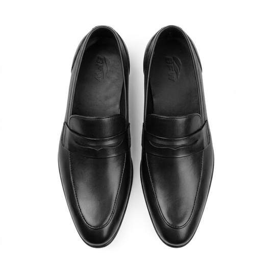 A pair of black leather penny loafers shown from a top-down view on a plain white background.